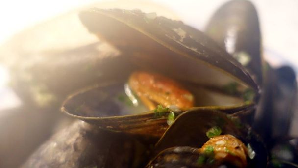Plate of mussels with toasted bread, salt, pepper and parsley - Foto, Imagem