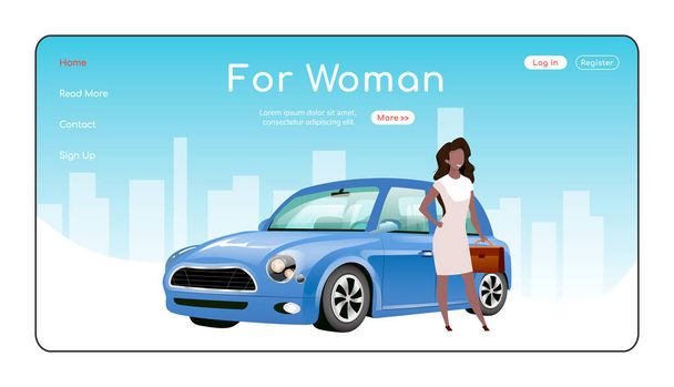 For woman landing page flat color vector template. Automobile showroom homepage layout. Cars for ladies one page website interface with cartoon character. Auto dealership web banner, webpage - Vector, Image