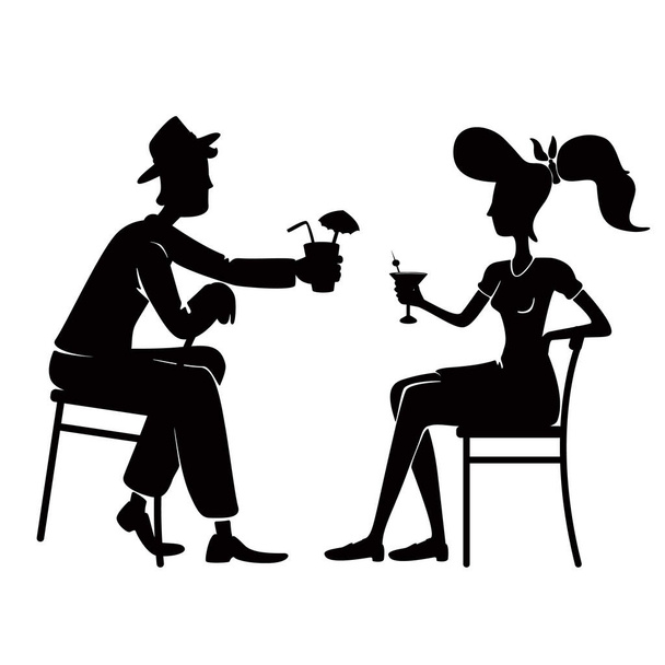 Старомодная пара, пьющая вместе чёрный силуэт векторной иллюстрации. Люди сидят на стульях позируют. Ретро стиль леди и парня 2d формы персонажей мультфильма для рекламы, анимации, печати
 - Вектор,изображение