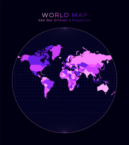 Świat Mapa Van der Grinten Iii projekcja Cyfrowy świat ilustracja Jasnoróżowy neon kolory na - Wektor, obraz