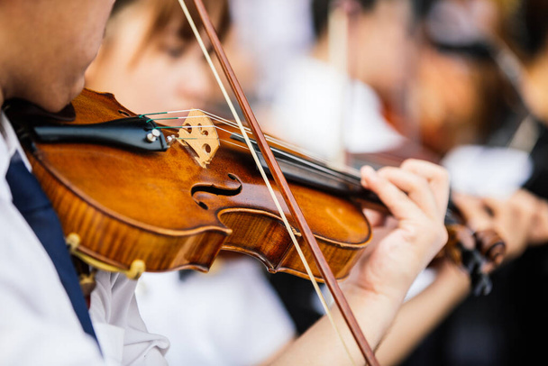 バイオリン奏者の手を閉じて、学生のバイオリニストがオーケストラコンサートでバイオリンを演奏 - 写真・画像