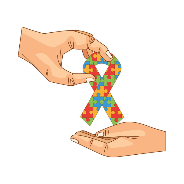 hands lifting campaign ribbon with puzzle game pieces - Vector, Image