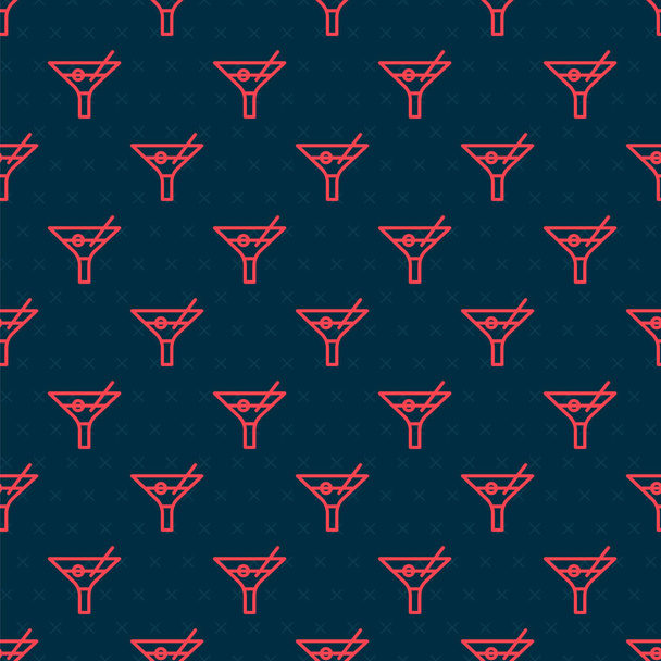 Línea roja Martini icono de vidrio aislado patrón sin costura sobre fondo negro. Icono de cóctel. Icono de copa de vino. Ilustración vectorial
 - Vector, Imagen
