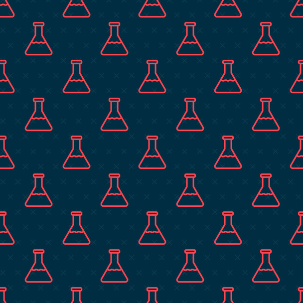 Rode lijn Testbuis en kolf chemisch laboratorium testpictogram geïsoleerd naadloos patroon op zwarte achtergrond. Laboratorium glaswerk bord. Vector Illustratie - Vector, afbeelding