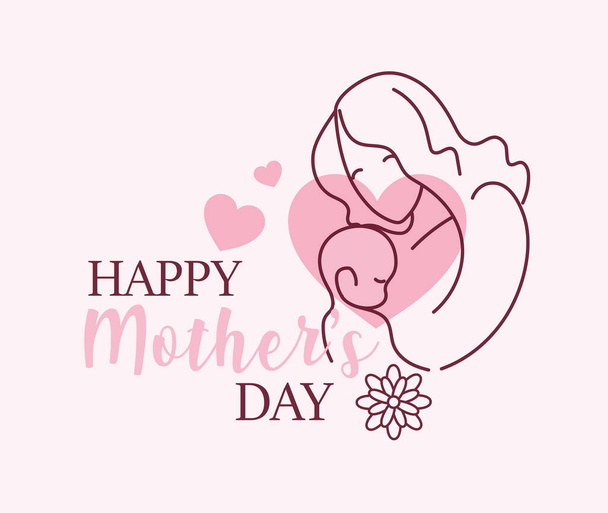 silhouette of woman with baby, label happy mother day - Вектор,изображение