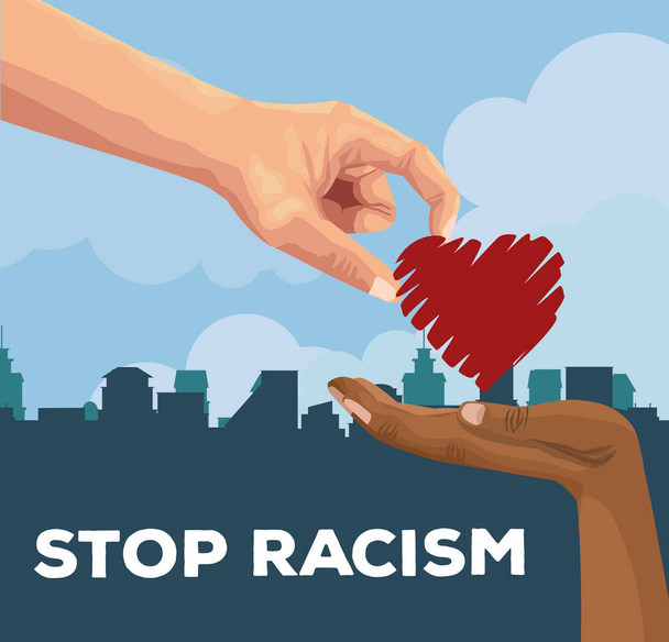 Hände mit Herz stoppen Rassismus-Kampagne - Vektor, Bild