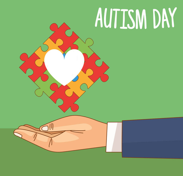 Día mundial del autismo con piezas del rompecabezas de elevación de la mano
 - Vector, imagen