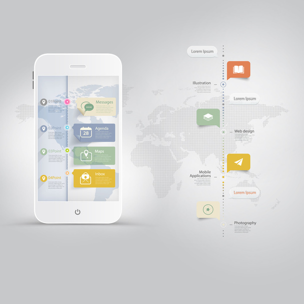 Infografika prvky: mobilní telefon s časovou osou a ikony - Vektor, obrázek