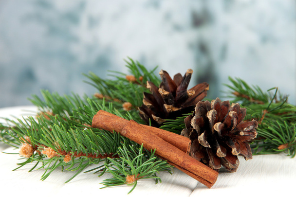 Bumps and cinnamon on fir branches on table on bright background - Foto, afbeelding