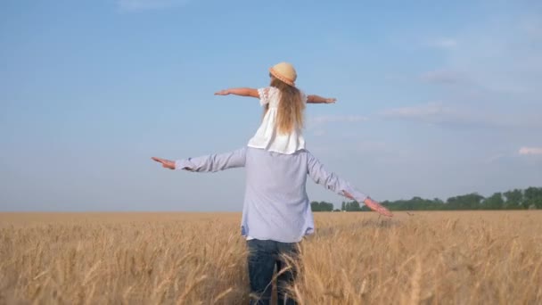 daddy daughter relationship, young father with little fair child girl on his shoulders spreads his arms to the side and goes across yellow yield field in sunny day - Footage, Video