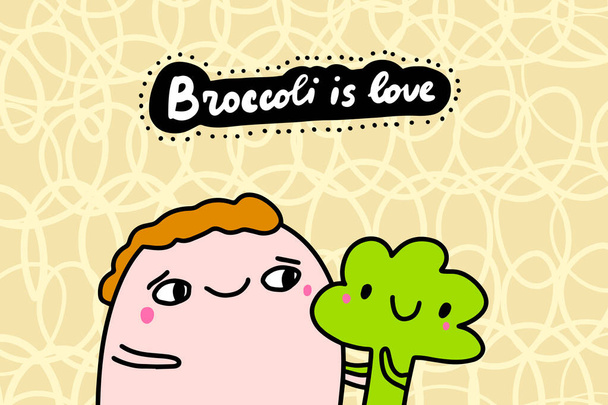 Brokkoli ist Liebe handgezeichnete Vektorillustration im Comic-Stil Mann hält Gemüse drucken Poster vegane Karte - Vektor, Bild