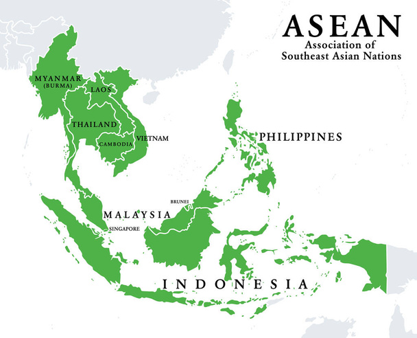 ASEAN member states, infographic and map. Association of Southeast Asian Nations, a regional intergovernmental organization with 10 member countries, shown with green color. Illustration. Vector. - Vector, Image