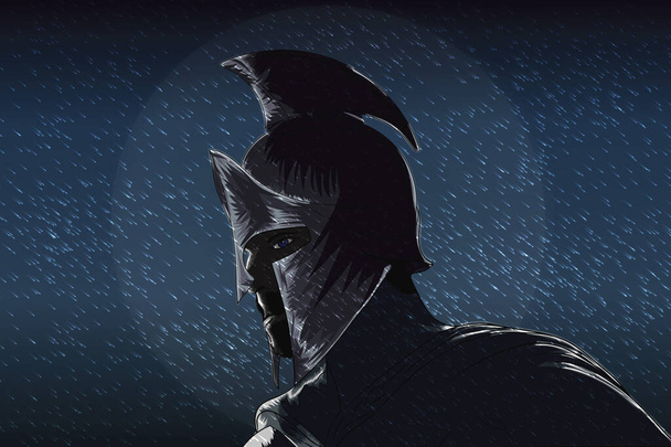 Ilustración de un soldado espartano de pie y mirando en una noche lluviosa
 - Vector, Imagen