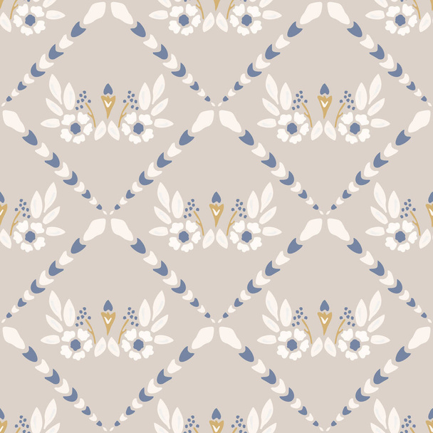 French shabby chic azulejos tile vector texture background. Dainty flower yellow blue on off white seamless pattern. Hand drawn floral mosaic interior home decor swatch. Classic style allover print - Vector, afbeelding