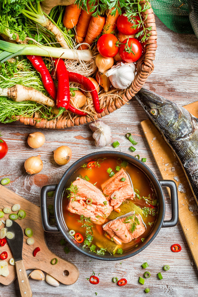Freshly caught fish and vegetables for soup ingredients - Foto, Imagen