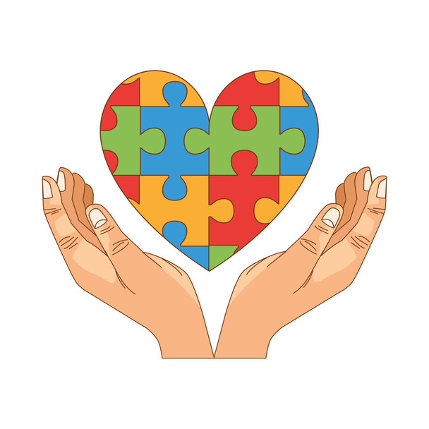 mãos humanas com peças de jogo de quebra-cabeça coração
 - Vetor, Imagem
