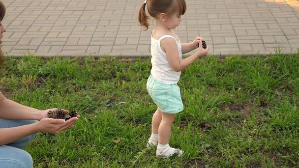 母親は子供の松果体を見せる。幼い娘と母親が芝生で遊んでコーンを集める。子供は緑の草の上を歩く。幸せな子供時代の概念です。幸せな家族が子供と一緒に歩いている. - 写真・画像