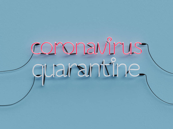 Coronavirus Quarantaine neon grafisch teken met blauwe achtergrond en coronavirus woord modus op met rode neon kleur - 3d rendering concept - Foto, afbeelding
