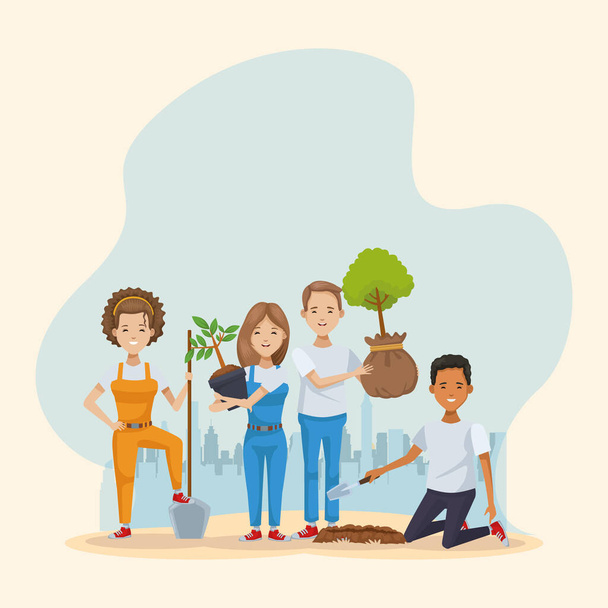 couple of environmentalists planting trees characters - Vector, Image