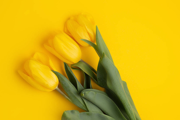 Colorful photo of fresh spring flower tulips over yellow background. Happy Easter and Mothers Day card. - Foto, Imagen