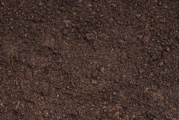 Dunkelbraune fruchtbare Erde mit Torf und schwarzer Erde - Hintergrund für die Landwirtschaft - Foto, Bild