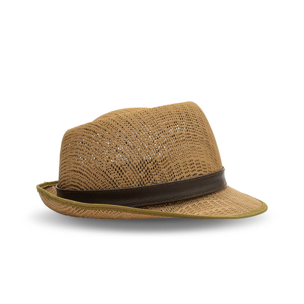 Vintage Straw şapkasının beyaz arka planda izole edilmiş kahverengi renk fasyonu. kırpma yolları ile. - Fotoğraf, Görsel