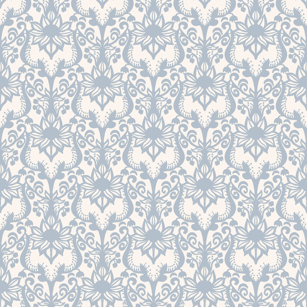 French shabby chic damask vector texture background. Dainty flower in blue and yellow on off white seamless pattern. Hand drawn floral interior home decor swatch. Classic farmouse style all over print - Вектор, зображення