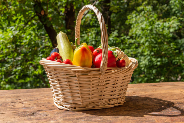 Basket with ripe vegetables on a rustic wooden table on a background of trees in the yard - Foto, immagini