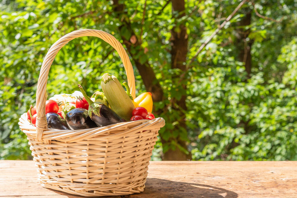 Basket with ripe vegetables on a rustic wooden table on a background of trees in the yard on a sunny day, close-up, copy space - Photo, Image