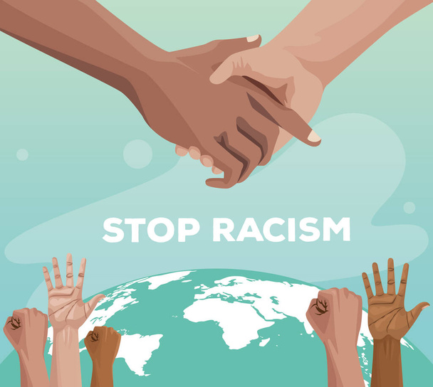 διαφυλετικά χέρια με τον κόσμο πλανήτη σταματήσει εκστρατεία ρατσισμού - Διάνυσμα, εικόνα