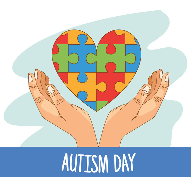 world autism day with hands and puzzle game pieces - Wektor, obraz
