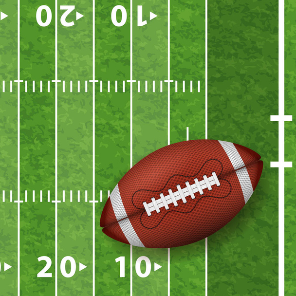 Campo de fútbol americano con pelota realista, línea y textura de hierba. bola de rugby americana vista frontal. ilustración vectorial
 - Vector, imagen