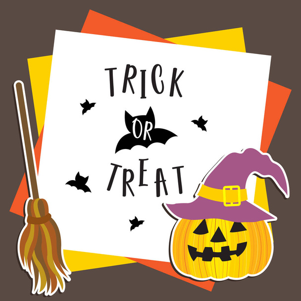 Cute Halloween in Trick or Treat design concept with purple witch hat on Jack O'Lantern pumpkin, broomsticks on frame template for poster, banner, party invitation, greeting card. Vector Illustration. - Wektor, obraz