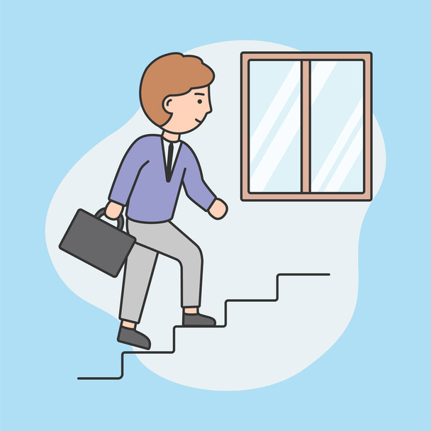 Businessman Working Day Concept. Young Businessman Is Going Upstairs With Diplomat. Successful Achievement, Development, Business And Finance. Cartoon Outline Linear Flat Style. Vector Illustration - Vector, Image