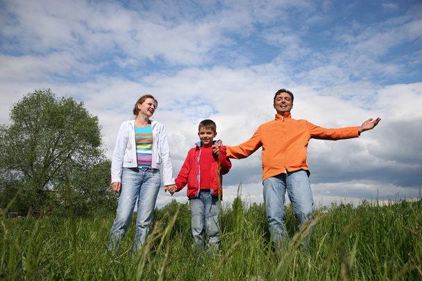 Happy family stand in grass - Φωτογραφία, εικόνα