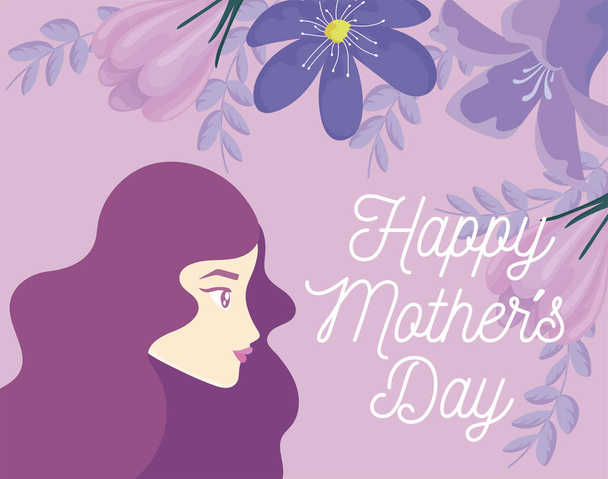 Happy mothers day design με όμορφα διακοσμητικά λουλούδια και γυναικείο προφίλ - Διάνυσμα, εικόνα