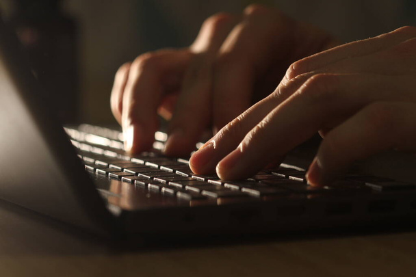 Close up shot of man typing on laptop keyboard; backlit; news, writer, media or communication concept - Foto, imagen