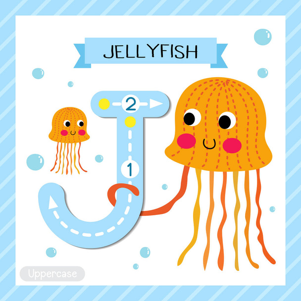Letter J uppercase cute children colorful zoo and animals ABC alphabet tracing flashcard of Orange Jellyfish for kids learning English vocabulary and handwriting vector illustration. - Vektor, Bild