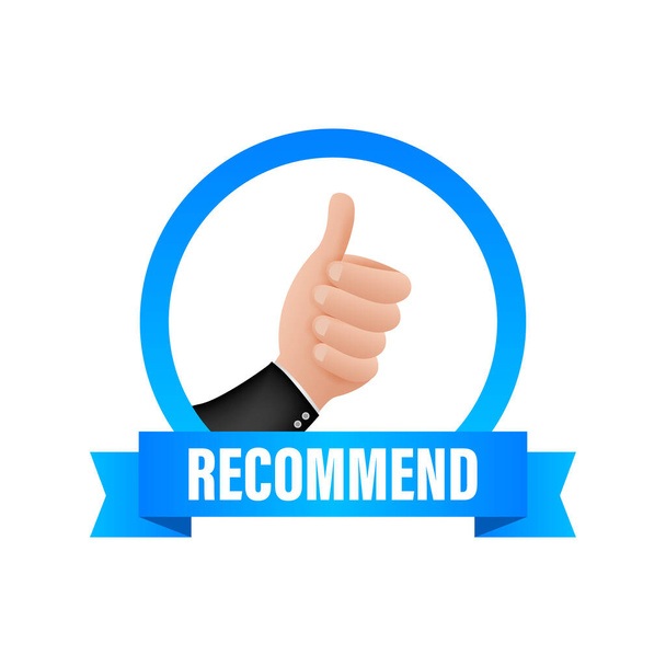 Recommend icon. White label recommended on blue background. Vector stock illustration. - Vector, Image