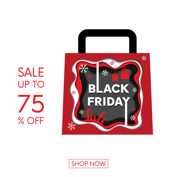 Black Friday sale in abstract multi layers including white, red, grey colors papercut art and craft style poster concept design with hanging little gift boxes in shopping bag. Vector Illustration - Vektori, kuva
