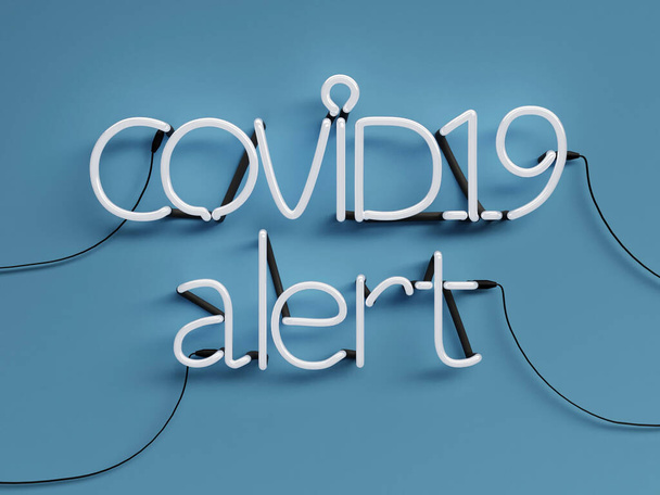Covid19 Alert neon grafisch bord met blauwe achtergrond mode uit met rode neon kleur - 3d rendering concept - Foto, afbeelding