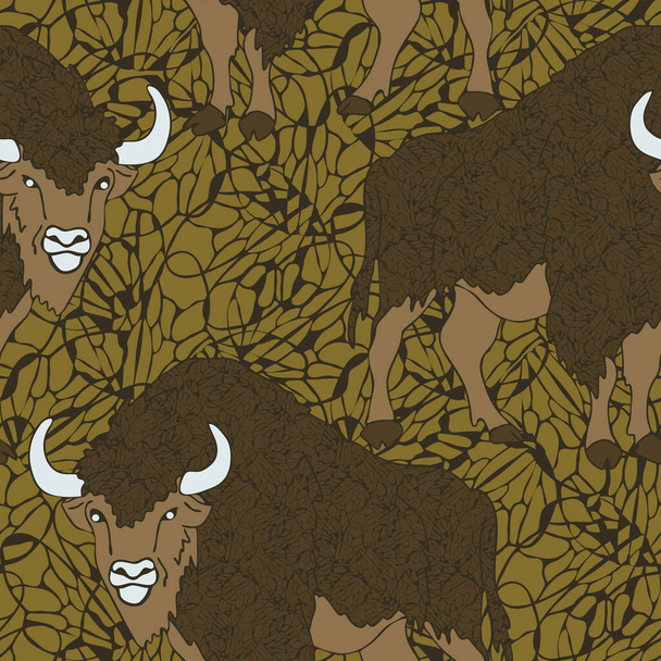 Patrón vectorial sin costuras con búfalos sobre fondo verde texturizado. Diseño de fondo de pantalla animal con bisonte
. - Vector, imagen