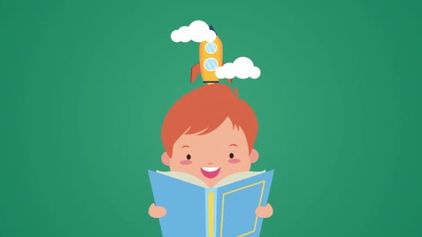 Dünya kitap günü kutlaması küçük bir çocuğun okuması ve roketi ile - Video, Çekim