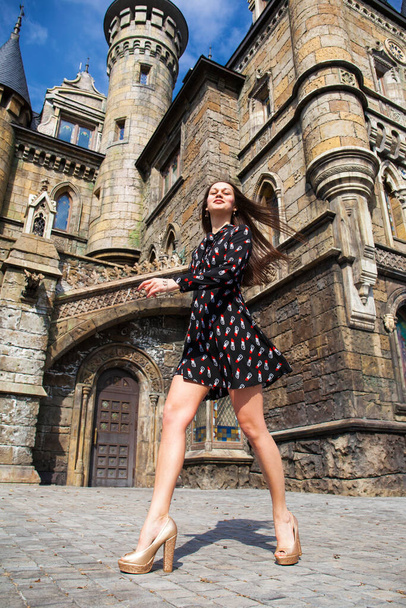 Full-length portrait young beautiful brunette woman in dress posing against the backdrop of an old castle in the Gothic style - Foto, Imagen