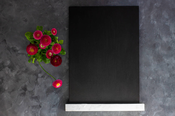 Black chalk board mockup with pink daisy flowers on dark grey background. Blackboard menu easel. Copy space text content price, sales, frame adding. Blank template inscription.Education school display - Photo, Image