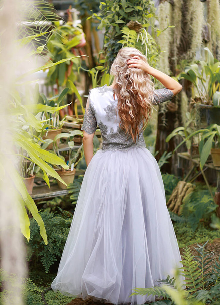 Young beautiful caucasian blonde girl in a glass greenhouse among greenery. Artistic portrait of a girl in a romantic gray dress. - Photo, Image