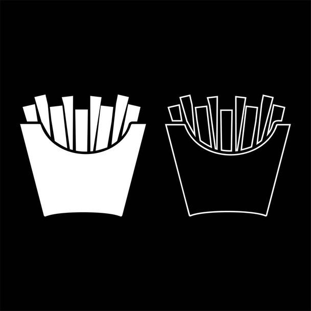 French fries in package Fried potatoes in paper bag Fast food in bucket box Snack concept icon outline set white color vector illustration flat style simple image - Vector, Image
