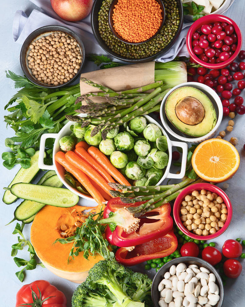 Raw healthy food for vegans.Vegetable albumen sources. Foods high in Plant protein, vitamins, mineral, fiber and antioxidants. Vegan and vegetarian food concept. Top view with copy space. - Photo, Image