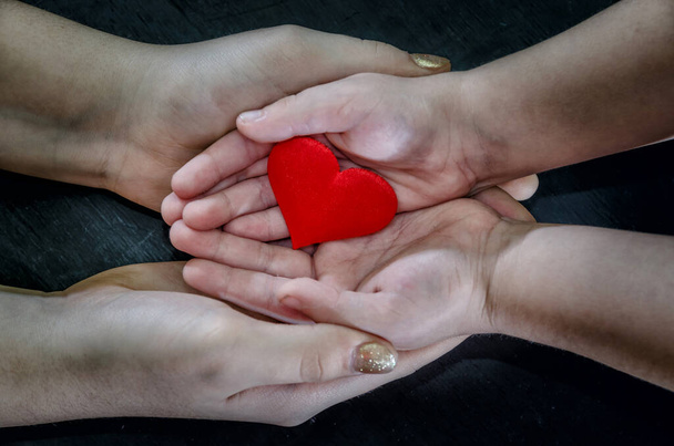взрослые и дети руки держа красное сердце, здравоохранение, пожертвовать и семейное страхование концепции, всемирный день сердца, Всемирный день здоровья, концепция КСО, усыновление foster family.Image тонирована
 - Фото, изображение