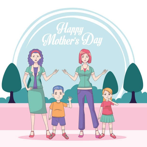 happy mothers day card with moms and kids - Vektor, obrázek